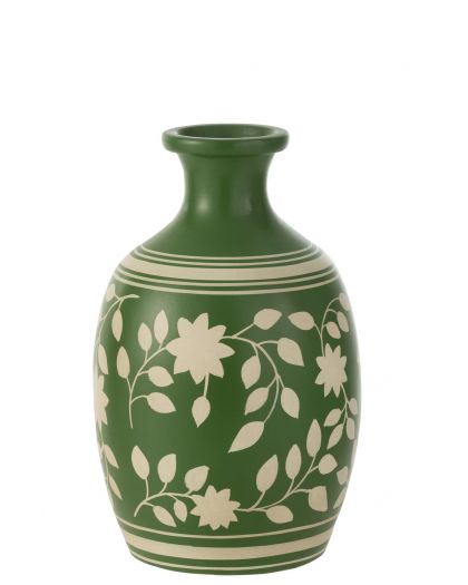 Vase Feuilles Fleurs+Lignes Terre Cuite Vert Blanc(23x23x38cm)