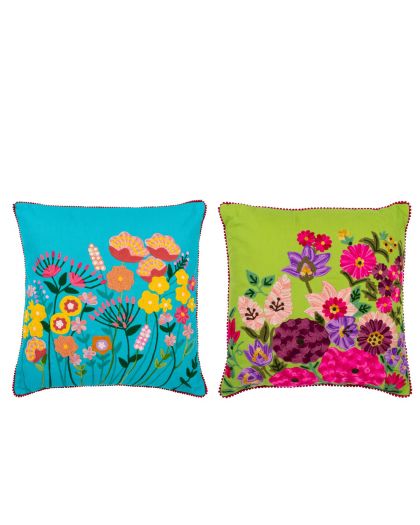 Coussin Fleurs Broderie Coton Polyester Bleu Vert Assortiment De 2 (45x45x2cm)