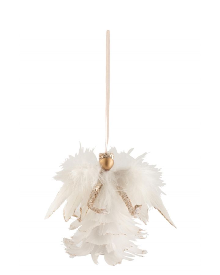 Suspension Ange + Plumes Paillettes Ecru/Or(4,5x4,5x11,5cm)