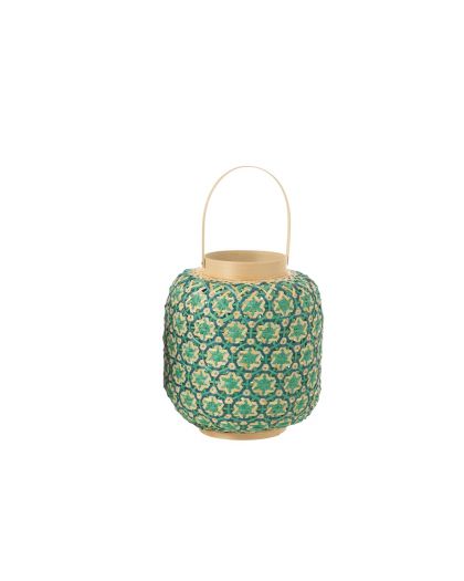 Lanterne Motif Mosaïque Bambou Bleu Foncé/Vert D'Eau ,27x27x43cm