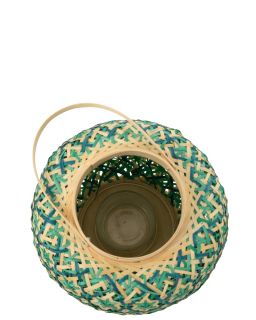 Lanterne Motif Mosaïque Bambou Bleu Foncé/Vert D'Eau ,27x27x43cm