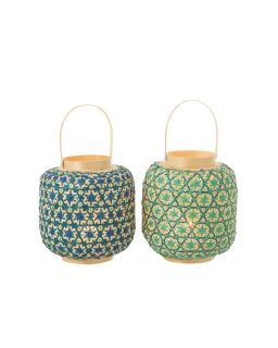 Lanterne Motif Mosaïque Bambou Bleu Foncé/Vert D'Eau ,27x27x43cm