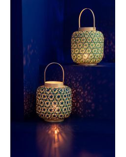 Lanterne Motif Mosaïque Bambou Bleu Foncé/Vert D'Eau ,27x27x43cm