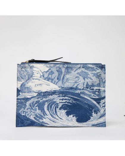 Pochette Balthazar Bleu Marine Corps 100% Coton Finitions 100% Cuir Taille 27X19
