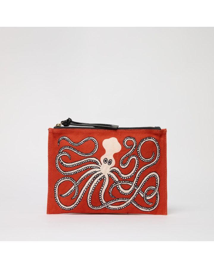 Embroidered Pochette Brodee Octopus Orange Corps 100% Coton Finitions 100% Cuir
