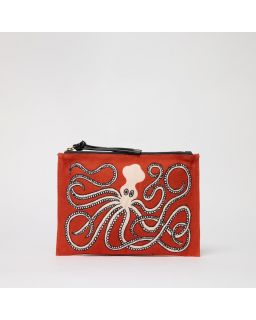 Embroidered Pochette Brodee Octopus Orange Corps 100% Coton Finitions 100% Cuir