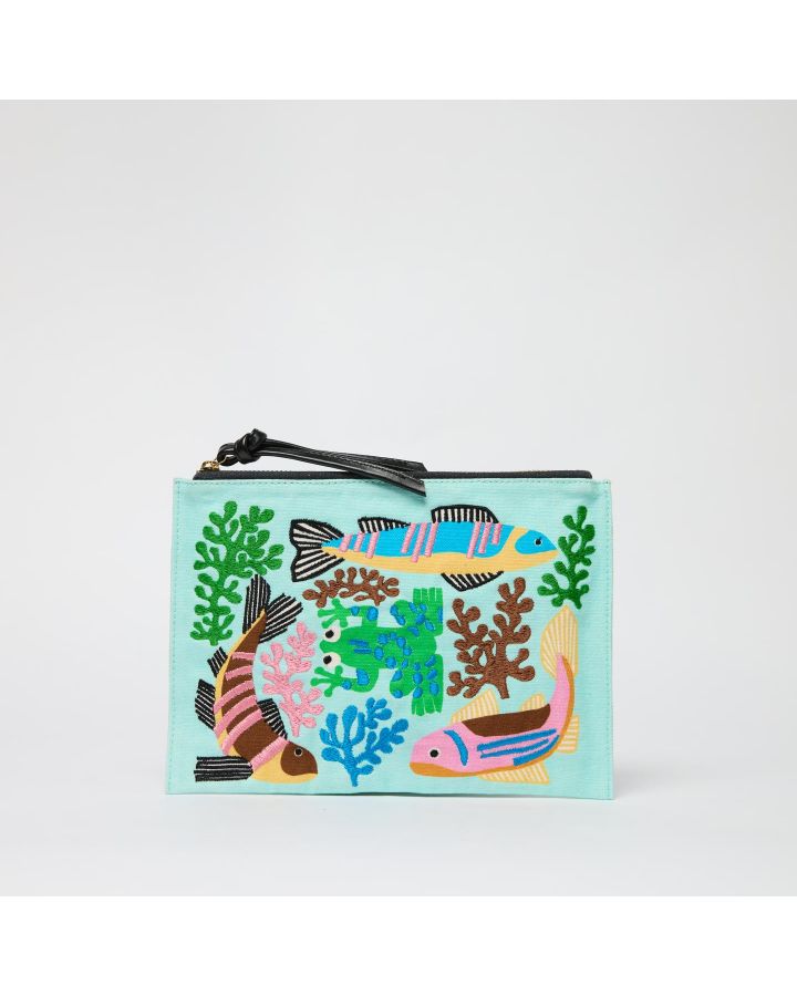 Embroidered Pochette Brodee Splash Pastel Corps 100% Coton Finitions 100% Cuir