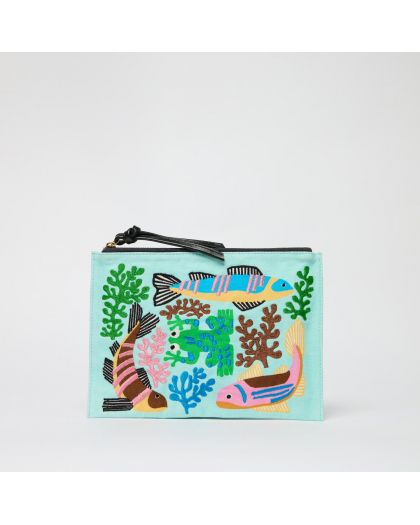 Embroidered Pochette Brodee Splash Pastel Corps 100% Coton Finitions 100% Cuir