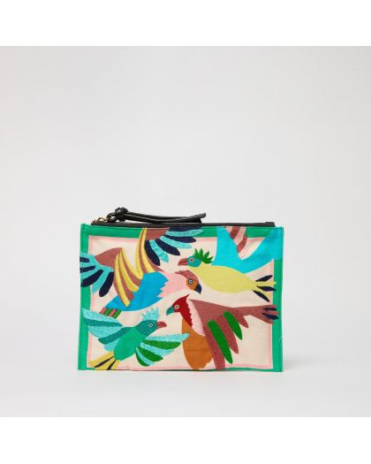 Embroidered Pochette Brodee Voyage Multico Corps 100% Coton Finitions 100% Cuir