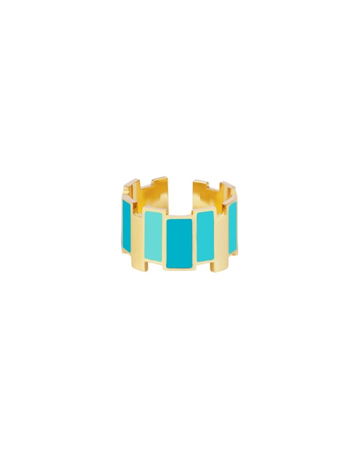 Bague Laiton Finition Or Avec Baguettes En Émail Coloré,Coloris Bleu Turquoise