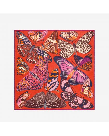 Carre 130 Papillons 100% Laine Rouge Taille 130X130 Cm