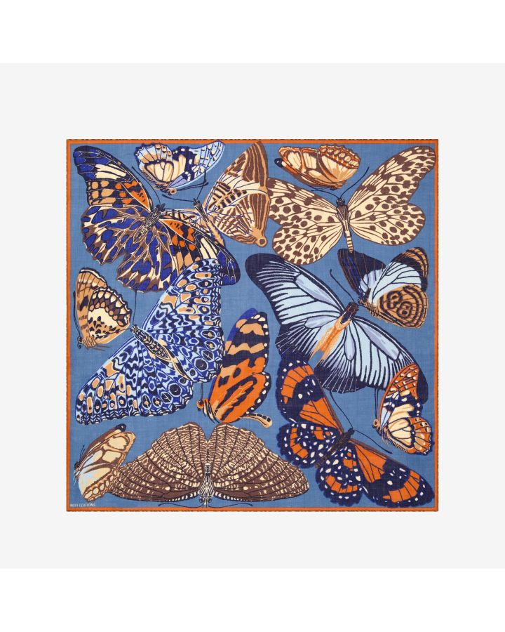 Carre 130 Papillons 100% Laine Duck Bleu Canard Taille 130X130 Cm