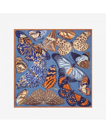 Carre 130 Papillons 100% Laine Duck Bleu Canard Taille 130X130 Cm