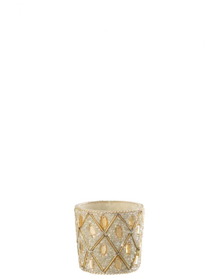 Photophore Verre/Perles Blanc/Doré Small ,6x6x6cm