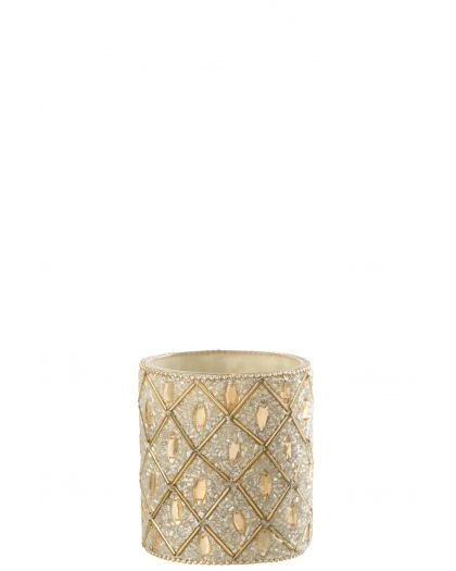 Photophore Verre/Perles Blanc/Doré Large ,7,5x7,5x9cm