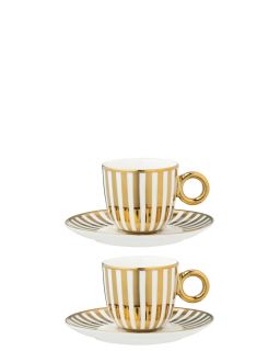 Boite De 2 Tasse+Sous-Tasse Ligné Porcelaine Doré/Blanc Small ,11,8x11,8x7,5