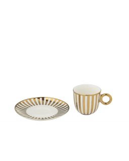 Boite De 2 Tasse+Sous-Tasse Ligné Porcelaine Doré/Blanc Small ,11,8x11,8x7,5