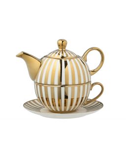 Boite De 1 Théière Ligné Porcelaine Doré/Blanc ,16x14,5x13,5cm