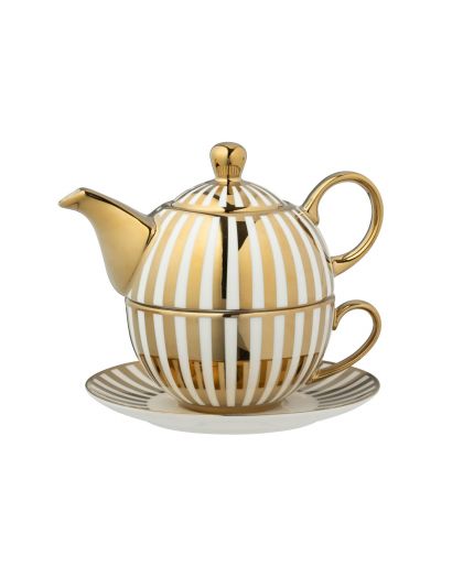 Boite De 1 Théière Ligné Porcelaine Doré/Blanc ,16x14,5x13,5cm