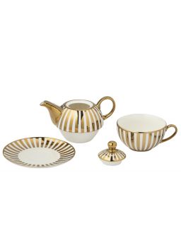 Boite De 1 Théière Ligné Porcelaine Doré/Blanc ,16x14,5x13,5cm