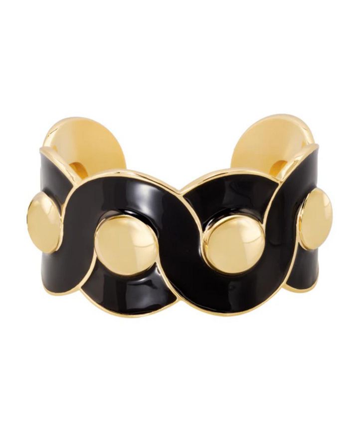 Manchette Ajustable en Laiton Finition Or Dômes et Email Cloisonné Noir Charbon