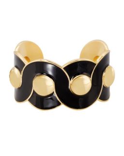 Manchette Ajustable en Laiton Finition Or Dômes et Email Cloisonné Noir Charbon