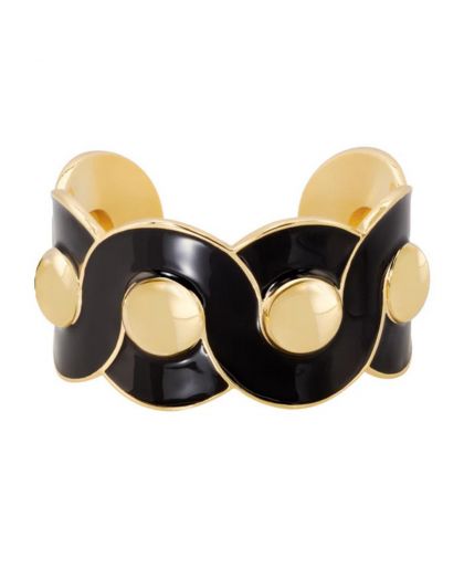 Manchette Ajustable en Laiton Finition Or Dômes et Email Cloisonné Noir Charbon