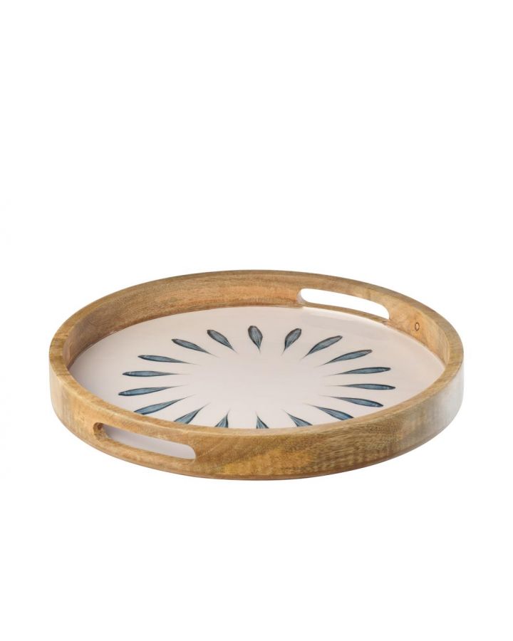 Plateau Rond Bois De Manguier Bleu Foncé/Blanc ,40x40x4,5cm