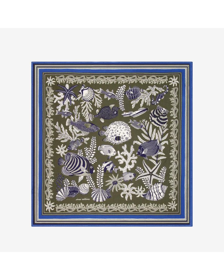 Carre 100 Neptune 63% Coton 37% Soie Kaki Taille 100X100 Cm