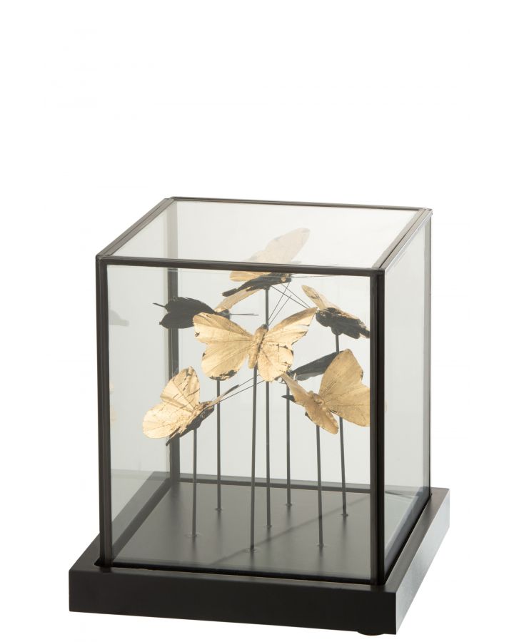 Cloche Carree Papillons Or Verre/Metal Noir Small (19X19X21.5Cm)
