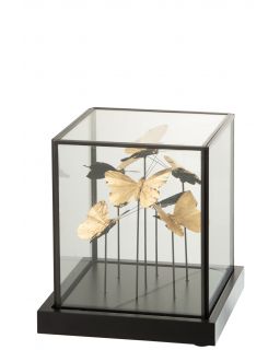 Cloche Carree Papillons Or Verre/Metal Noir Small (19X19X21.5Cm)