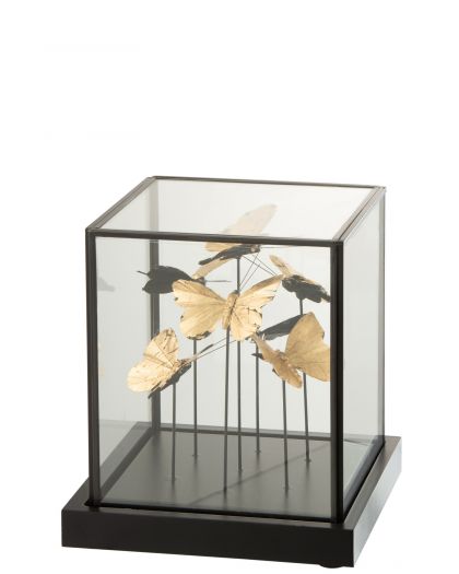 Cloche Carree Papillons Or Verre/Metal Noir Small (19X19X21.5Cm)