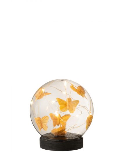 Cloche Boule Led Papillons Verre/Bois Or/Noir Medium (11X11X13Cm)