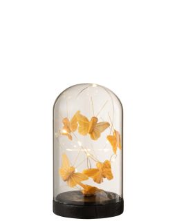 Cloche Haute Led Papillons Verre/Bois Or/Noir Small (9X9X17Cm)