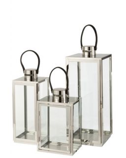 Lanterne Carree Metal/Verre Argent (22X21X65,5Cm)